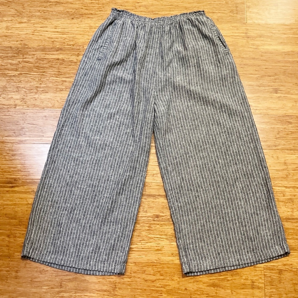Laurie Felt Linen Blend Striped Wide-Leg Cropped Pants – Gray & White – 1X